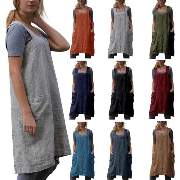 Japanese Pinafore Apron Smock Cotton Apron with Pockets Plus Size Aprons for Wom - Picture 7 of 7